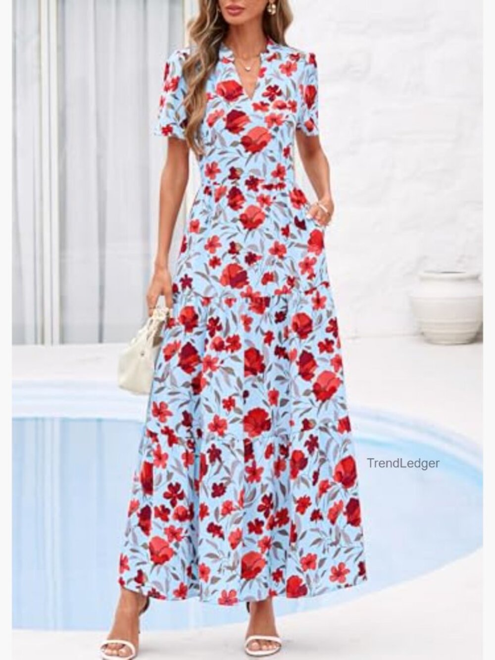Floral Maxi Dress V Neck Short Sleeve A Line Flowy Boho Long Dress with Pockets - Picture 2 of 7